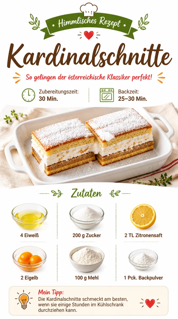 Leckere Kardinalschnitte auf einem Teller serviert, dekoriert mit Sahne und Früchten.