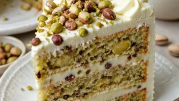 Köstlicher Karottenkuchen mit Frischkäsefrosting auf einem Teller