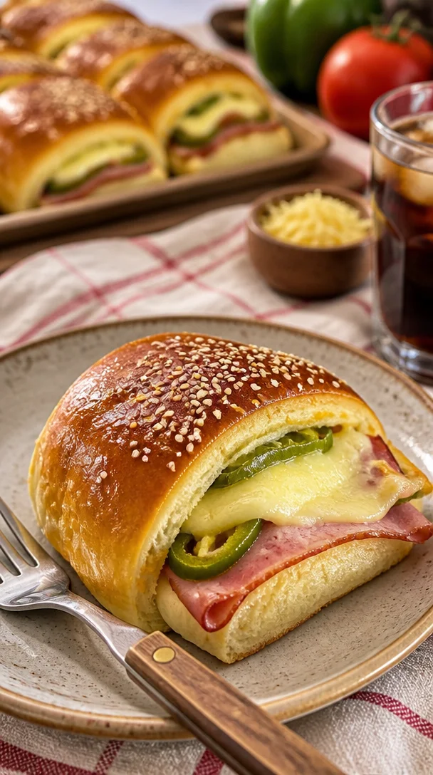 Leckere Käse-Pfefferoni-Brötchen frisch gebacken auf einem Holzbrett