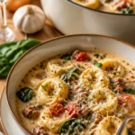 Käse Tortellini Suppe mit italienischer Wurst in einer Schüssel