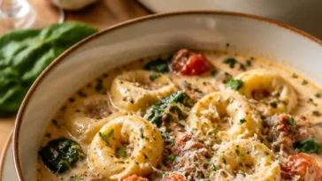 Käse Tortellini Suppe mit italienischer Wurst in einer Schüssel