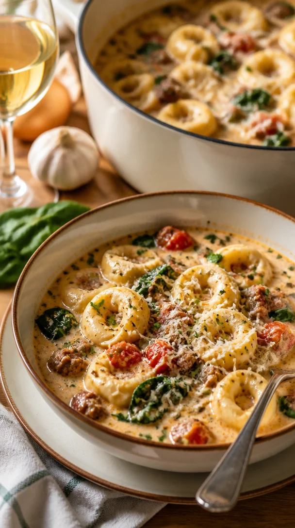 Käse Tortellini Suppe mit italienischer Wurst in einer Schüssel