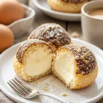 Käsekuchen Kugeln auf einem Teller, dekoriert mit Schokoladensauce und frischen Früchten.