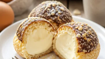 Käsekuchen Kugeln auf einem Teller, dekoriert mit Schokoladensauce und frischen Früchten.