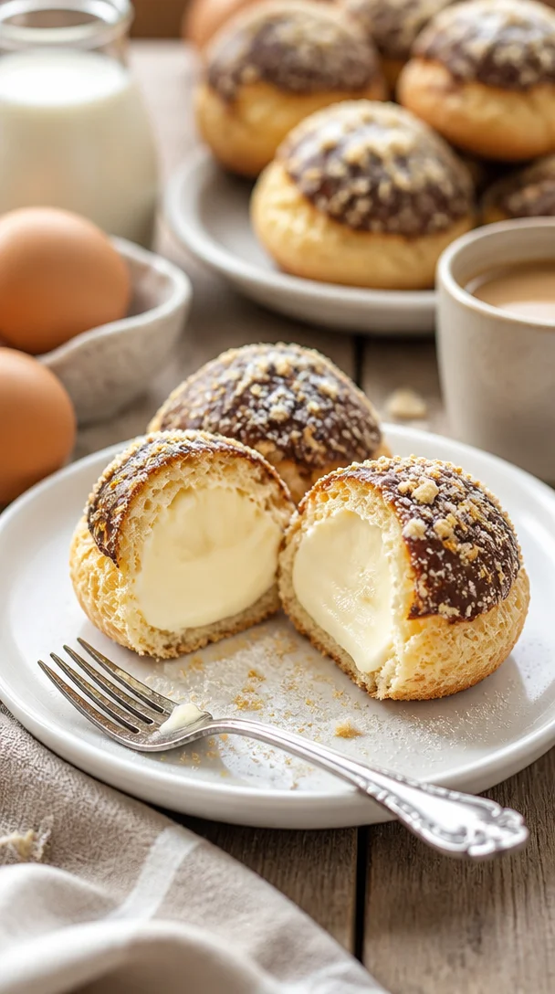 Käsekuchen Kugeln auf einem Teller, dekoriert mit Schokoladensauce und frischen Früchten.