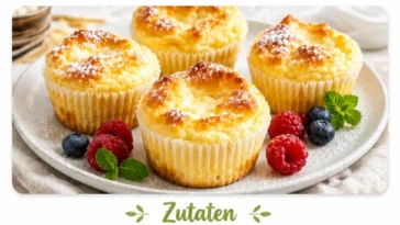 Leckere, luftige Käsekuchen Muffins ohne Boden auf einem Teller.