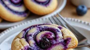 Kekse mit köstlichem Blaubeerkäsekuchen-Swirl auf einem Teller