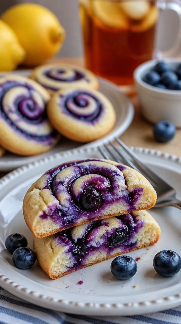 Kekse mit köstlichem Blaubeerkäsekuchen-Swirl auf einem Teller