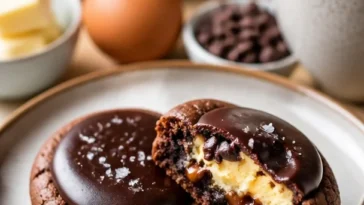 Keksteig-Brownie-Kekse auf einem Teller, perfekt gebacken und schokoladig