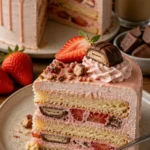 Kinder Bueno Erdbeertorte mit frischen Erdbeeren und Schokolade dekoriert