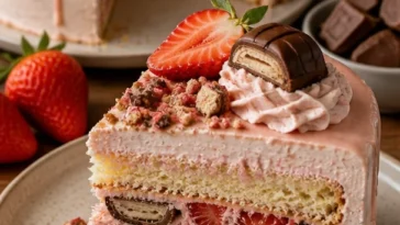 Kinder Bueno Erdbeertorte mit frischen Erdbeeren und Schokolade dekoriert