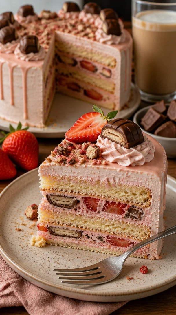 Kinder Bueno Erdbeertorte mit frischen Erdbeeren und Schokolade dekoriert