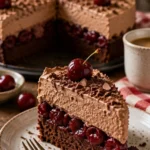 Deliziosa Kirsch-Schokoladen-Torte mit Schokoladenglasur und frischen Kirschen