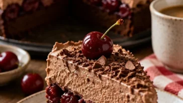 Deliziosa Kirsch-Schokoladen-Torte mit Schokoladenglasur und frischen Kirschen