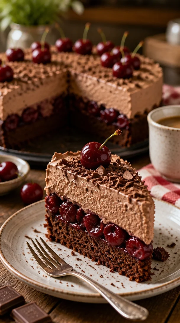 Deliziosa Kirsch-Schokoladen-Torte mit Schokoladenglasur und frischen Kirschen
