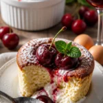 Kirschsoufflé mit frischen Kirschen serviert in einer eleganten Schüssel