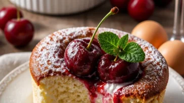 Kirschsoufflé mit frischen Kirschen serviert in einer eleganten Schüssel