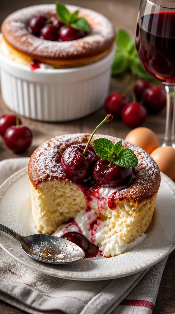 Kirschsoufflé mit frischen Kirschen serviert in einer eleganten Schüssel