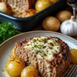 Köstlicher Hackbraten mit Kartoffeln in Sahne auf einem Teller serviert