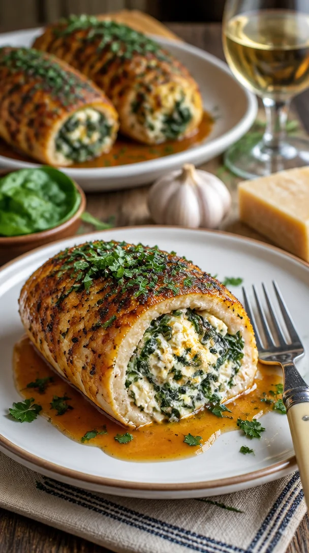 Hähnchenrollen gefüllt mit Kräuter-Ricotta auf einem dekorativen Teller