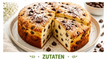 Kuchen mit Skyr und Schokostücken auf einem Teller