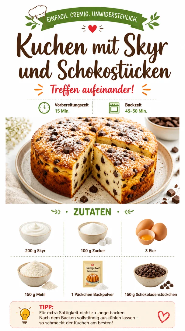 Kuchen mit Skyr und Schokostücken auf einem Teller
