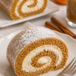 Leckere Kürbiskuchenrolle auf einem Teller, dekoriert mit Sahne