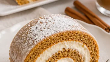Leckere Kürbiskuchenrolle auf einem Teller, dekoriert mit Sahne
