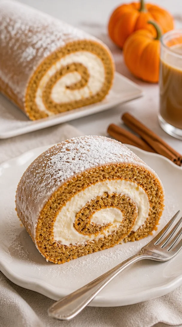 Leckere Kürbiskuchenrolle auf einem Teller, dekoriert mit Sahne