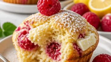 Lemon Raspberry Muffins mit weißer Schokolade auf einem Tisch