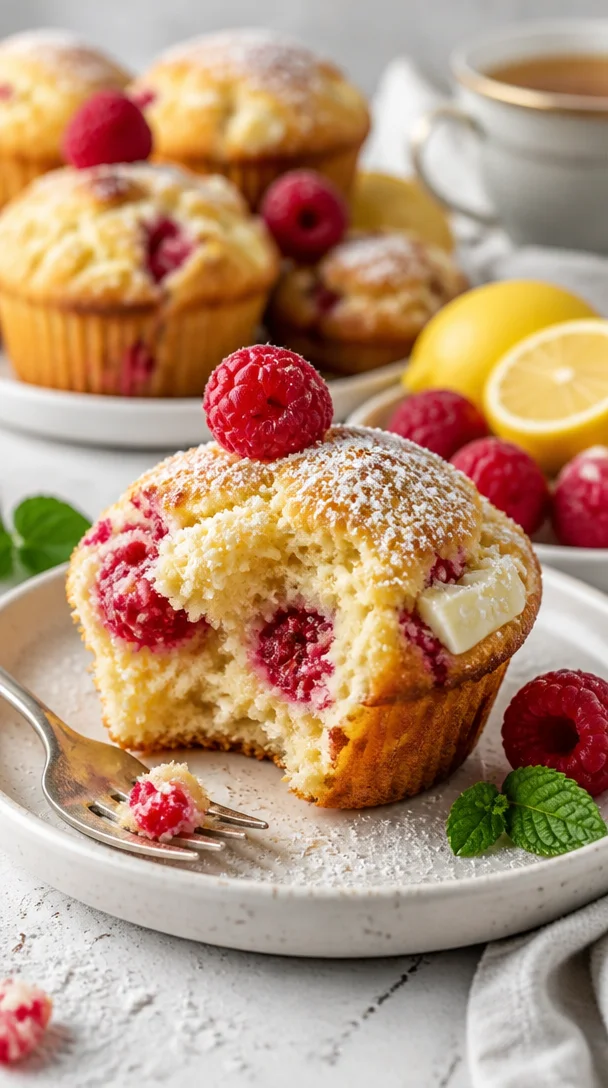 Lemon Raspberry Muffins mit weißer Schokolade auf einem Tisch