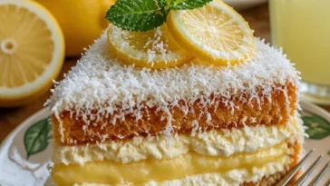 Limoncello-Mascarpone-Schichtkuchen auf einem dekorativen Teller