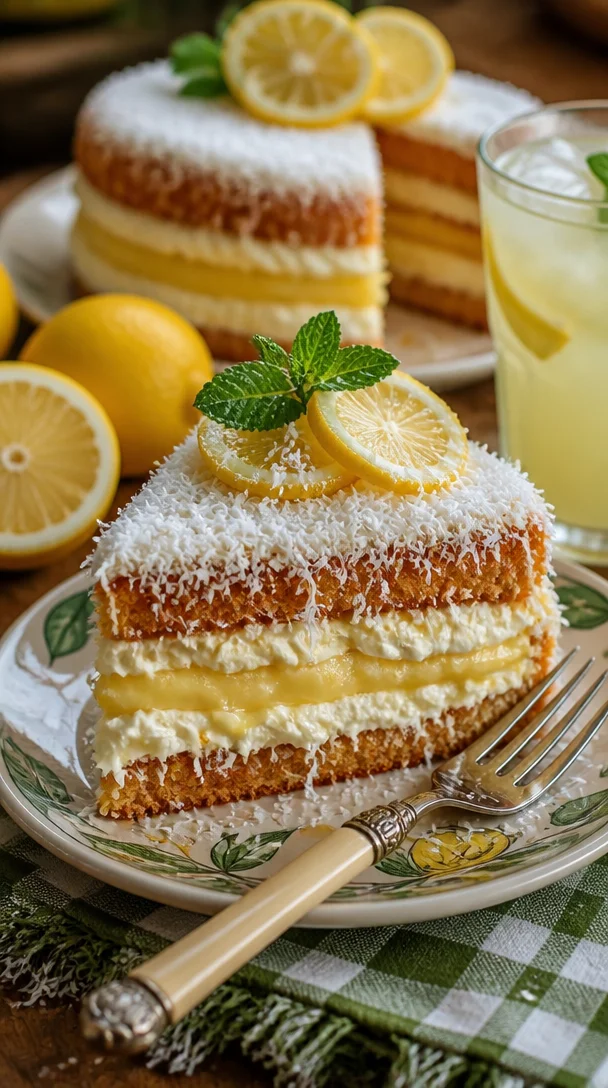 Limoncello-Mascarpone-Schichtkuchen auf einem dekorativen Teller