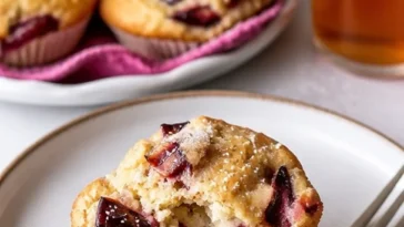 Luftige Muffins gefüllt mit Joghurt und Pflaumen auf einem Teller