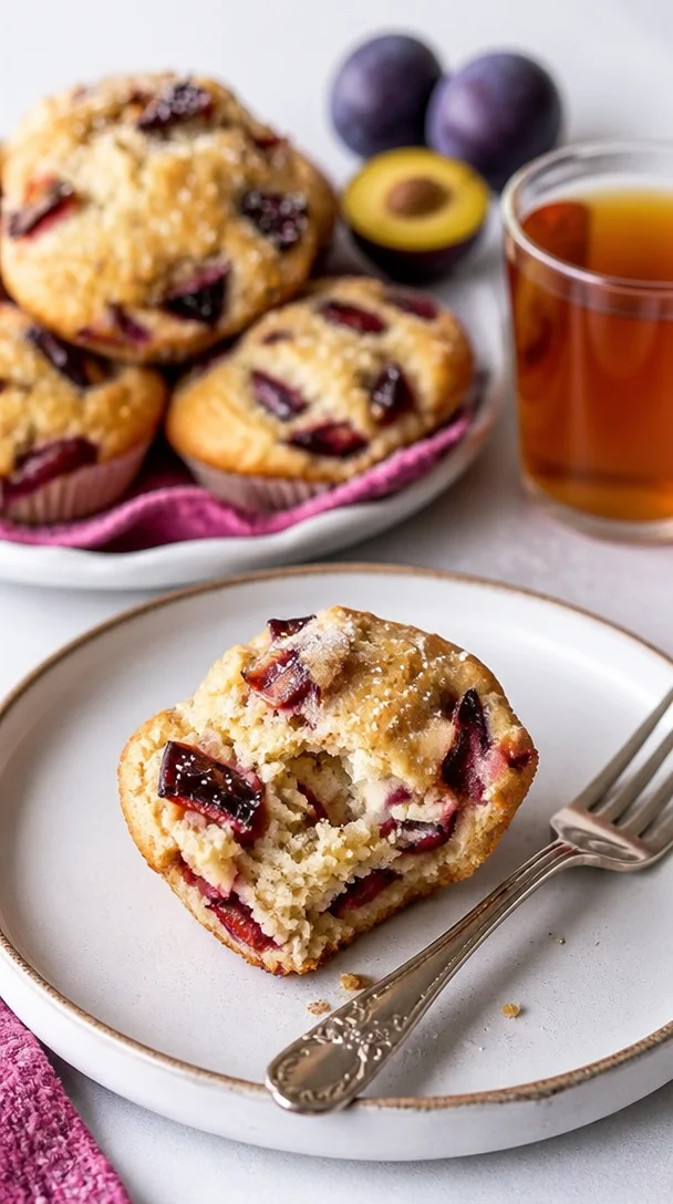 Luftige Muffins gefüllt mit Joghurt und Pflaumen auf einem Teller