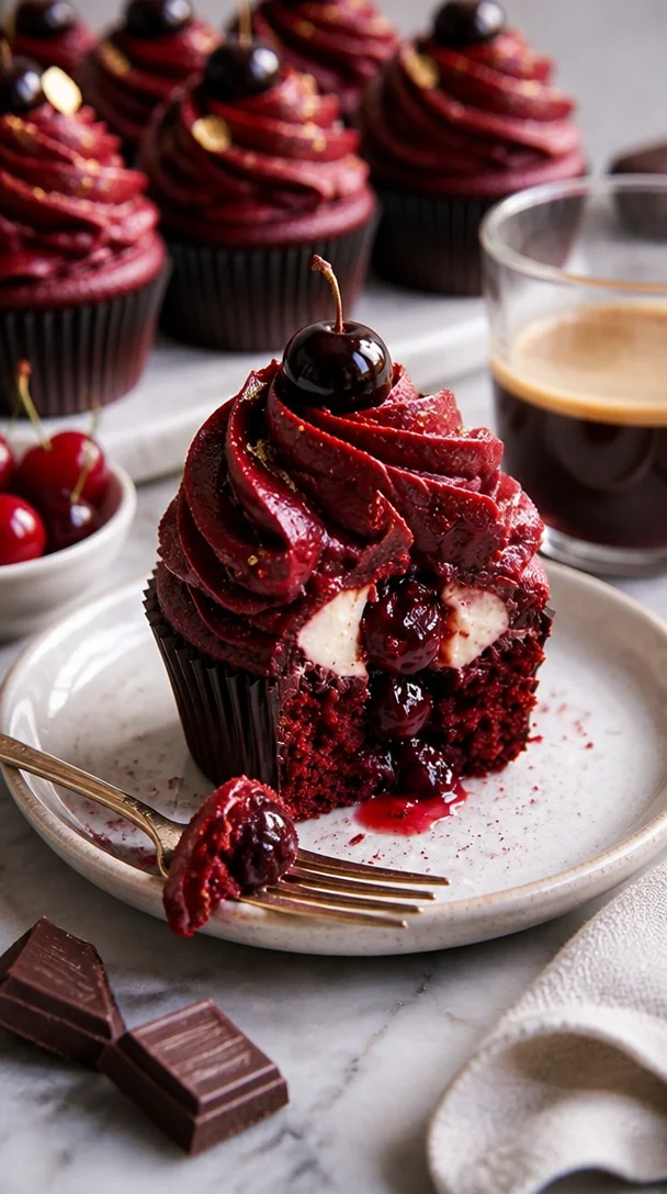 Luxuriöse Samt-Cupcakes mit Sauerkirschkompott auf einem weißen Teller