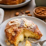 Frische Mandelcroissants mit leichtem Blätterteig und Mandelfüllung.