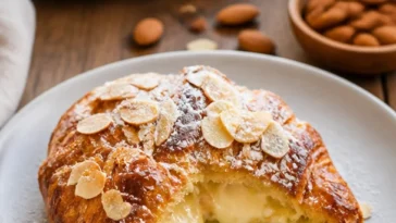 Frische Mandelcroissants mit leichtem Blätterteig und Mandelfüllung.