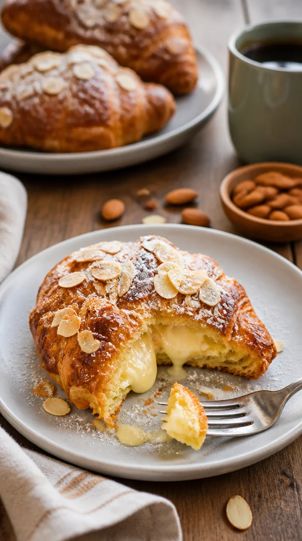 Frische Mandelcroissants mit leichtem Blätterteig und Mandelfüllung.