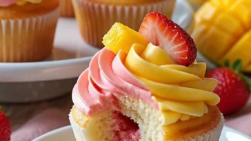 Saftige Mango Tango Sommer Cupcakes mit fruchtigem Topping und bunten Dekorationen
