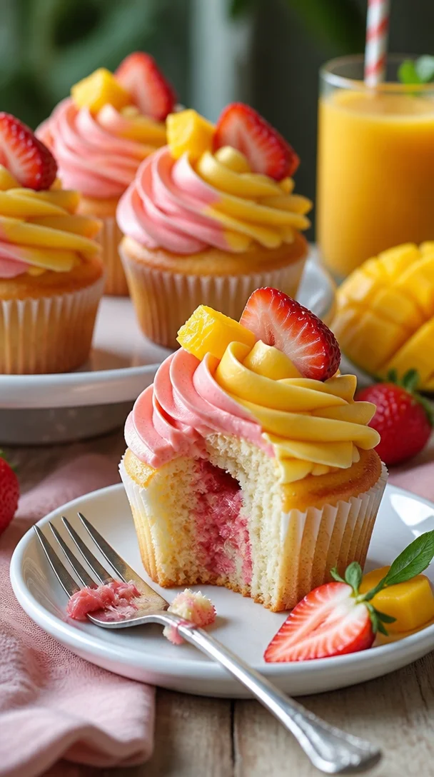 Saftige Mango Tango Sommer Cupcakes mit fruchtigem Topping und bunten Dekorationen