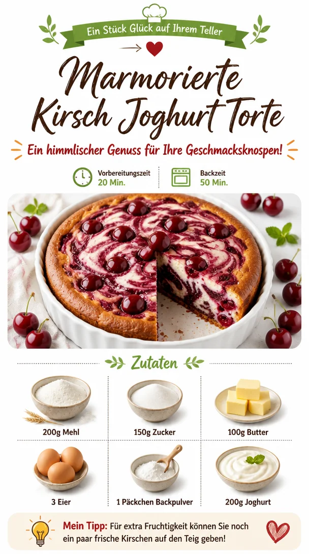 Marmorierte Kirsch Joghurt Torte mit frischen Kirschen und joghurthaltiger Creme