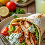 Mediterranes Hähnchen-Gyros mit Feta-Tzatziki auf einem Teller serviert
