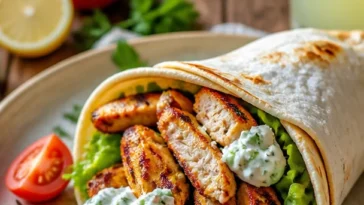 Mediterranes Hähnchen-Gyros mit Feta-Tzatziki auf einem Teller serviert