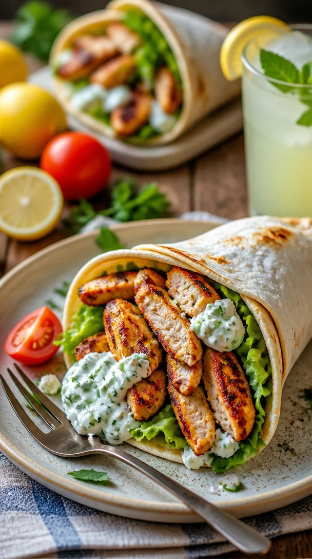 Mediterranes Hähnchen-Gyros mit Feta-Tzatziki auf einem Teller serviert