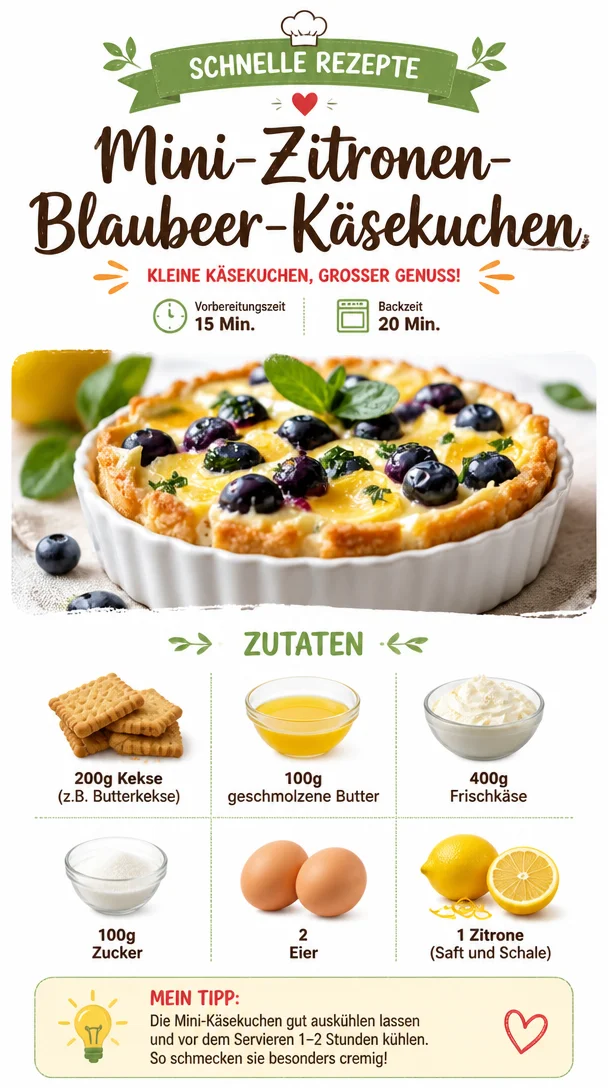 Mini-Zitronen-Blaubeer-Käsekuchen mit frischen Blaubeeren und zartem Käsekuchen