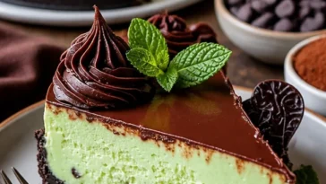 Minziger Schokoladen-Käsekuchen mit frischer Minze und Schokoladengeschmack