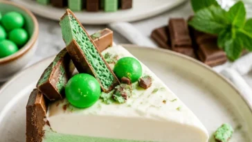 No-Bake KitKat Cheesecake mit Schokoladen-Minz-Geschmack auf einem Teller