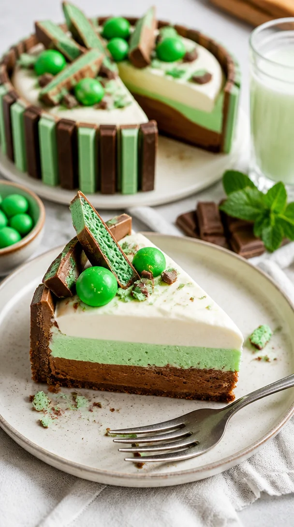 No-Bake KitKat Cheesecake mit Schokoladen-Minz-Geschmack auf einem Teller