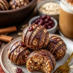 No-Bake Kürbiskuchen Energiebissen auf einem Teller ansprechend präsentiert